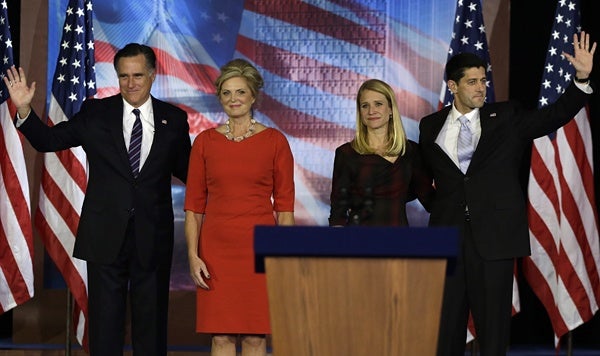 <p>Republican presidential candidate and former Massachusetts Gov. Mitt Romney,   his wife Ann Romney, left and Republican vice presidential candidate, Rep. Paul Ryan, R-Wis., and his wife Janna wave to supporters on stage during Romney's election night rally, Wednesday, Nov. 7, 2012, in Boston. (AP Photo/David Goldman)</p>
