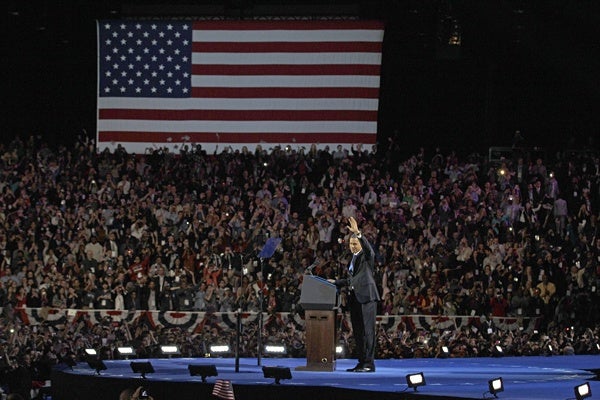 <p>President Barack Obama waves to his supporters at his election night party Wednesday, Nov. 7, 2012, in Chicago. President Obama defeated Republican challenger former Massachusetts Gov. Mitt Romney. (AP Photo/M. Spencer Green)</p>
