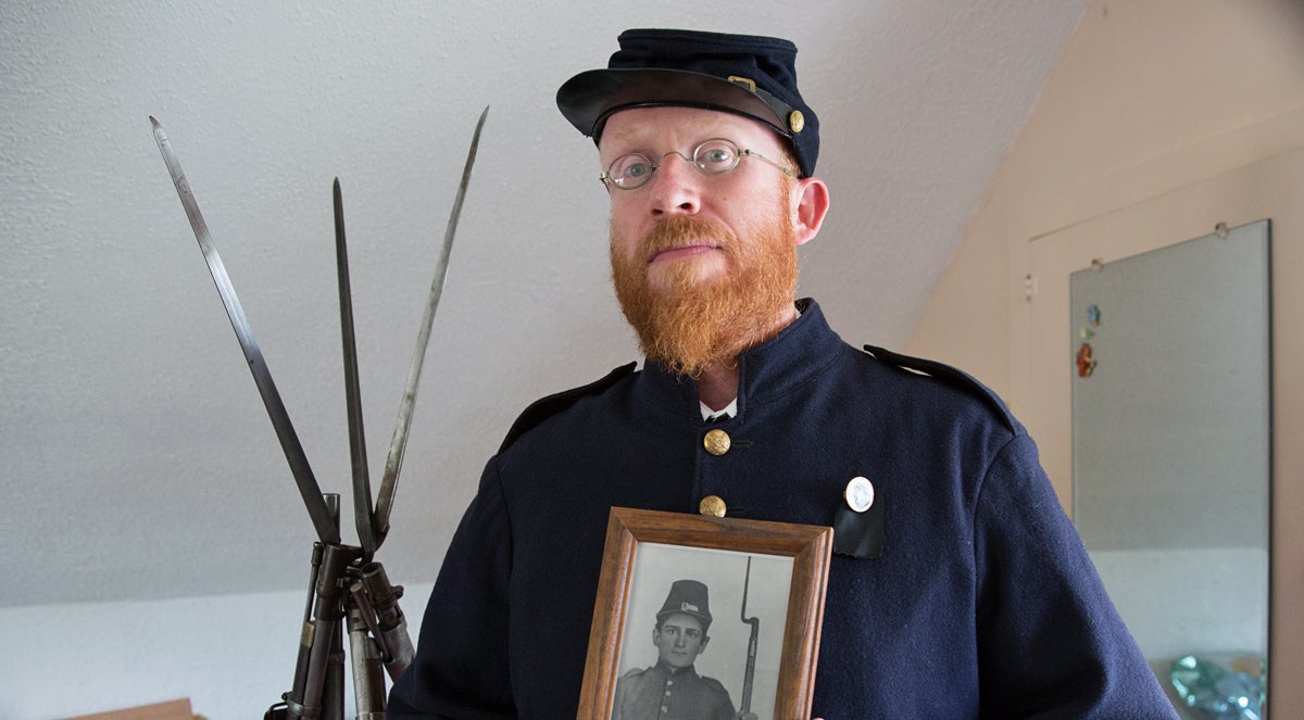  Scott Rader models his Civil War uniform after his great great great Grandfather Lewis Dreher (pictured) who fought with the 27th Indiana infantry.  (Lindsay Lazarski/WHYY) 