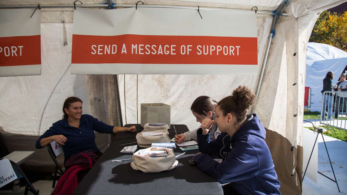 The last stop in the exhbit gives visitors a chance to write letters to MSF aid workers, sometimes something as simple as a joke or a thank you can lift the spirits of aid workers who are away from their families for months at a time.