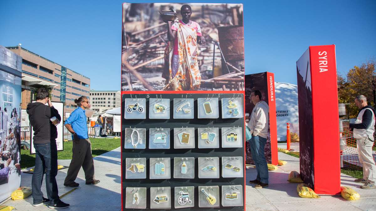 The first stop in the journey is 'push factors' showing the issues that cause people to flee their homes. Visitors are given 30 seconds to grab five items from the wall before they continue their jouney through the exhibit which is open on Independence Mall November 5 to 13.