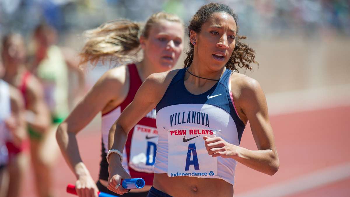 Villanova's Angel Piccirillo is challenged by Stanford's Malika Waschmann during the second leg of the college women's 4-by-1500 Championship of America Invitational. The Villanova women won the race with a time of 17:25.85.