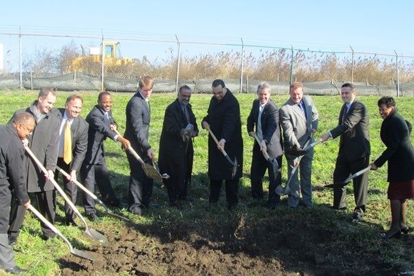 <p><p>City and state leaders give a few shovelfuls of dirt the old heave ho, ceremonially breaking ground on the facility. (Mark Eichmann/WHYY)</p></p>

