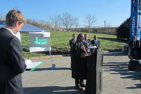 <p><p>Wilmington's Public Works Commissioner Kash Srinivasan talks about the new facility while DNREC Secretary Collin O'Mara looks on. (Mark Eichmann/WHYY)</p></p>
