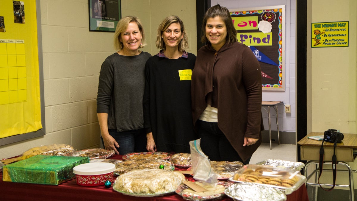  (From left) Gwenn Mascioli, Bonnie Koss, and Nicole Scherer are parents from the Paoli-Wayne area who donate time to gather resources for Richard Wright elementary school in Philadelphia. (Kimberly Paynter/WHYY) 