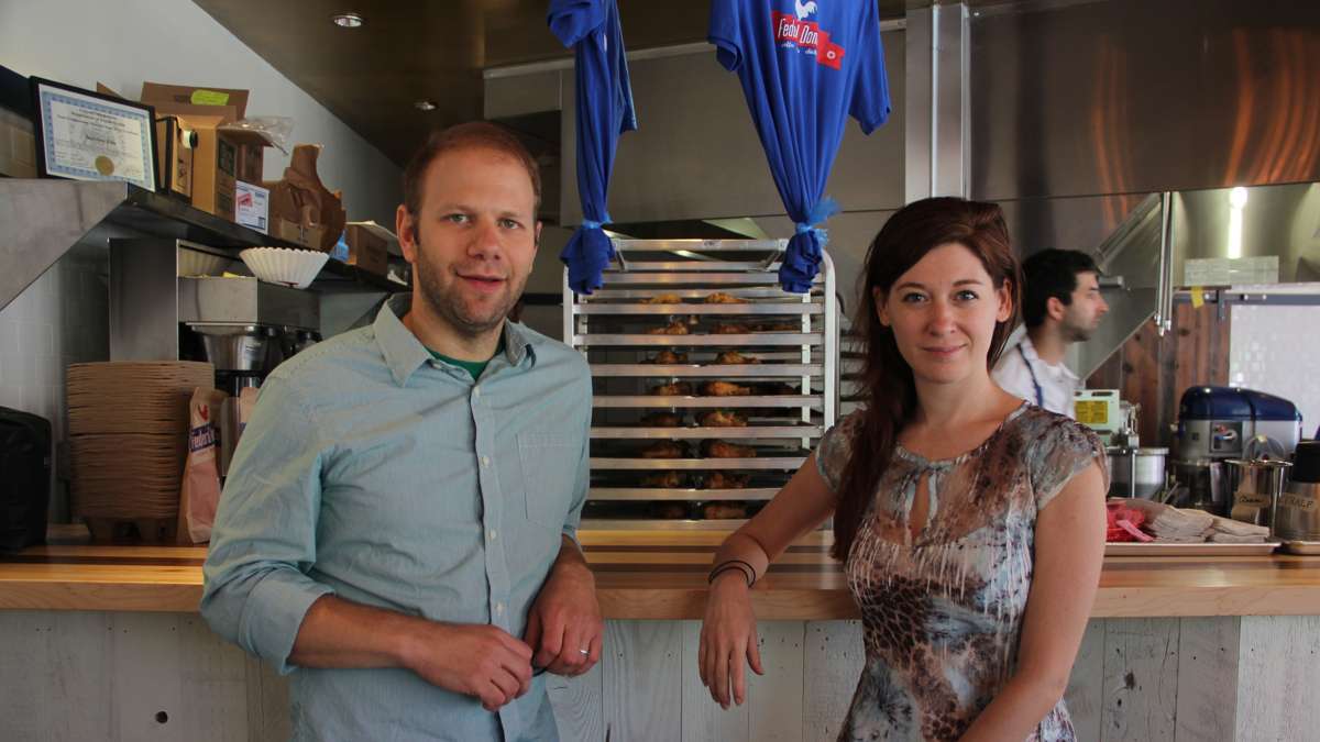 Steve Cook and Felicia D'Ambrosio of Federal Donuts got into the soup business when they tried to give some leftover chicken to the Broad Street Ministry but couldn't. (Emma Lee/WHYY)