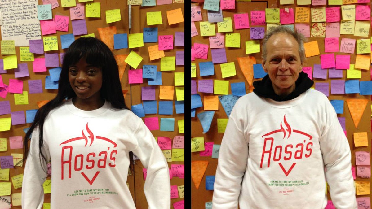  Rosa's customers pose for a picture in front of a wall of Post-It Notes left by customers who have made donations to help the needy. Right, Glen receives a free sweatshirt from Rosa's. 'I think it looks great, man. I think it's a great thing you're doing.' (Images courtesy of <a href='https://www.facebook.com/RosasFreshPizza'>Rosa's Fresh Pizza Facebook page</a>) 