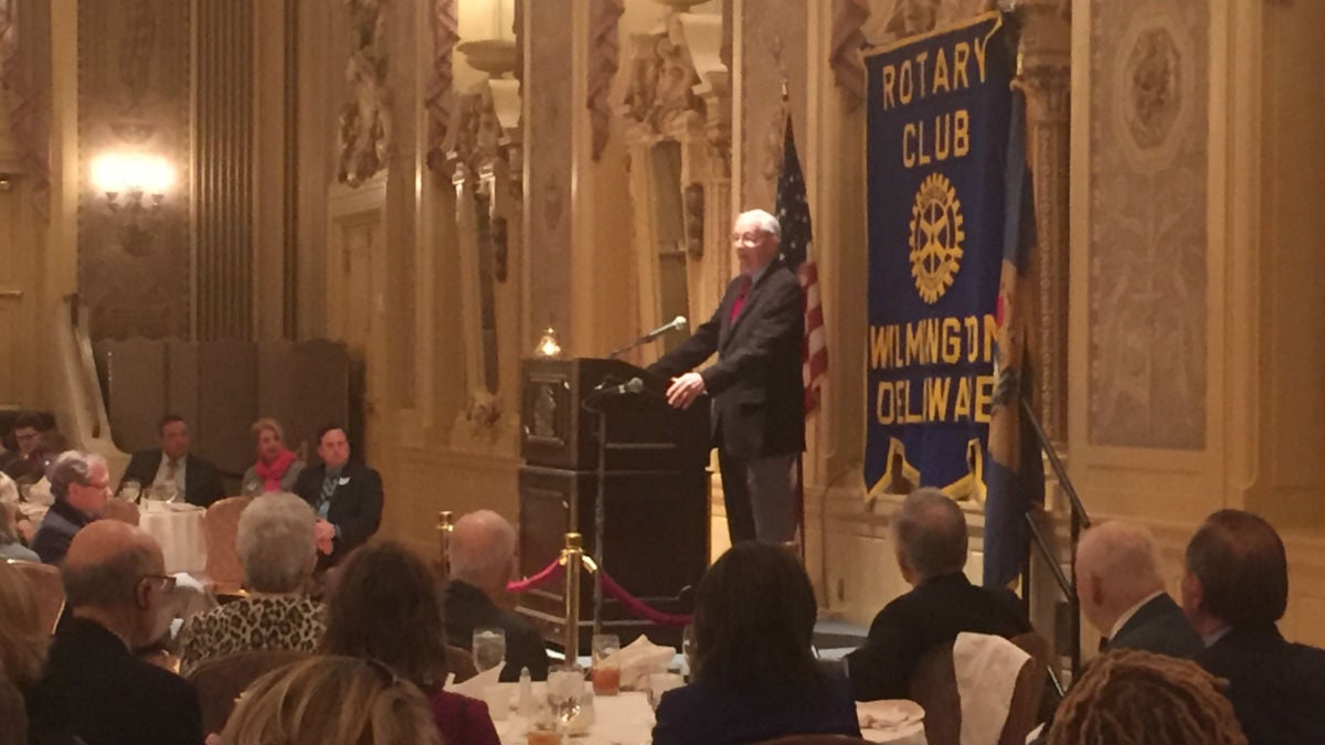  Sam Beard speaks to the Rotary Club about his nonprofit, GIFT. (Zoe Read/WHYY). 