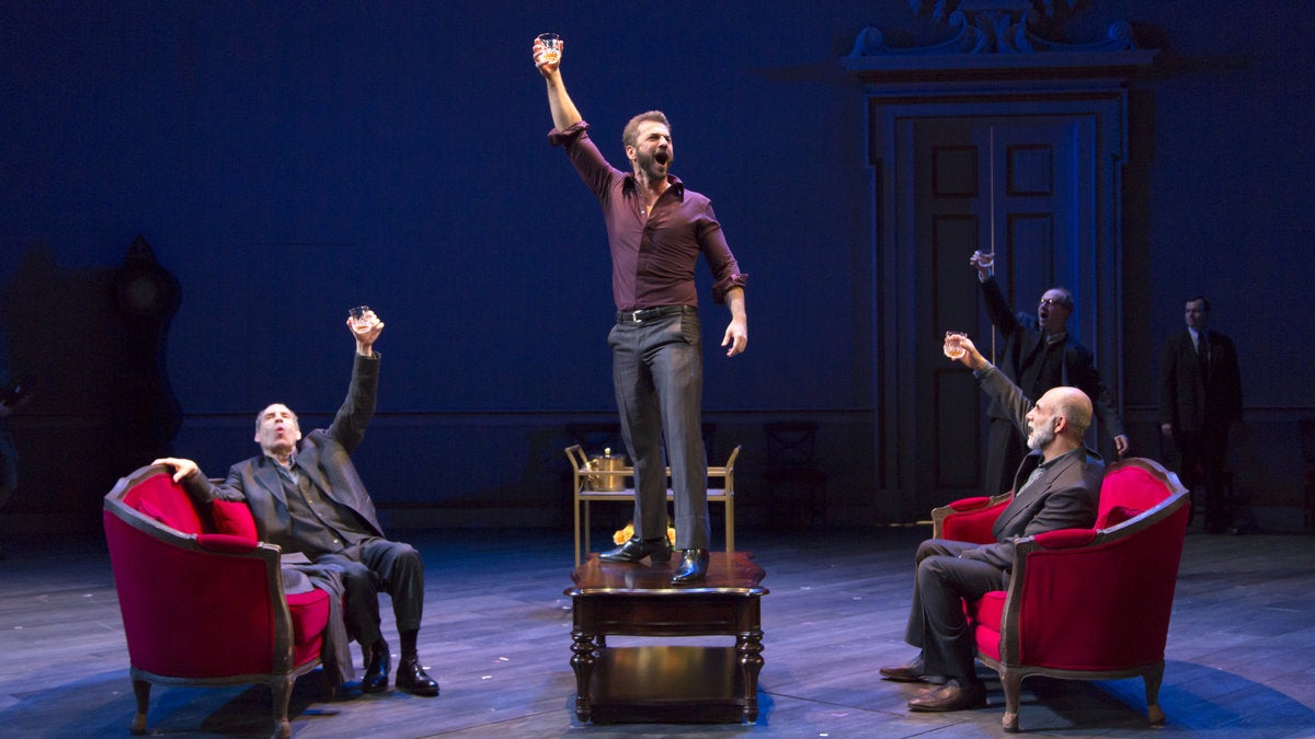  In Lincoln Center's production of 'Oslo,' awarded a Tony Sunday night for best new play: from left, Daniel Oreskes, Michael Aronov, and Anthony Azizi (foreground) with Daniel Jenkins and Jeb Kreager (background). Aronov also won as best supporting -- or in Tony language, featured -- actor in a play. (Photo courtesy of T. Charles Erickson) 