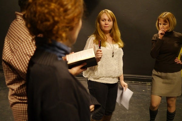 <p><p>Left to right: Actors Chris Morse, Jennifer Summerfield and Jessica Snow, and Republican Theater Festival director Cara Blouin, rehearse "Battle Hymn," about a group of Christians in a small Wisconsin town fighting the removal of a statue of Jesus. (photo: Kyle Cassidy)</p></p>

