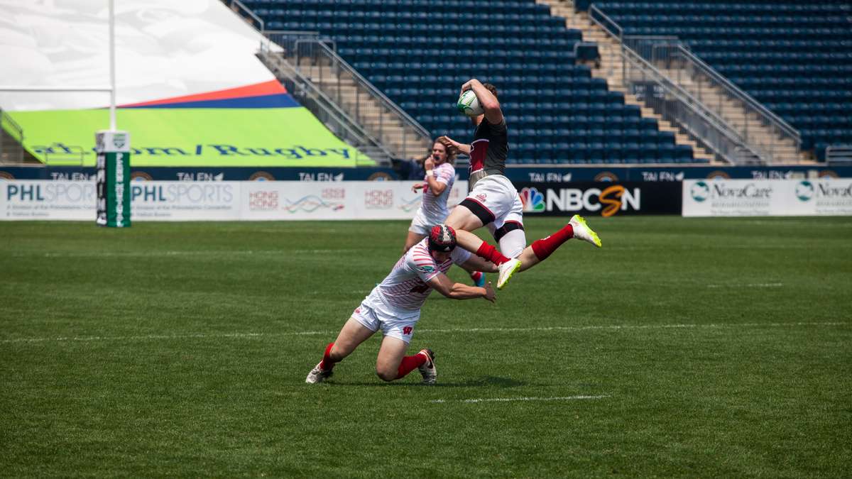 Players from University of Wisconsin and University of South Carolina in action at the Collegiate Rugby National Championship Saturday at Talen Energy Stadium in Chester.