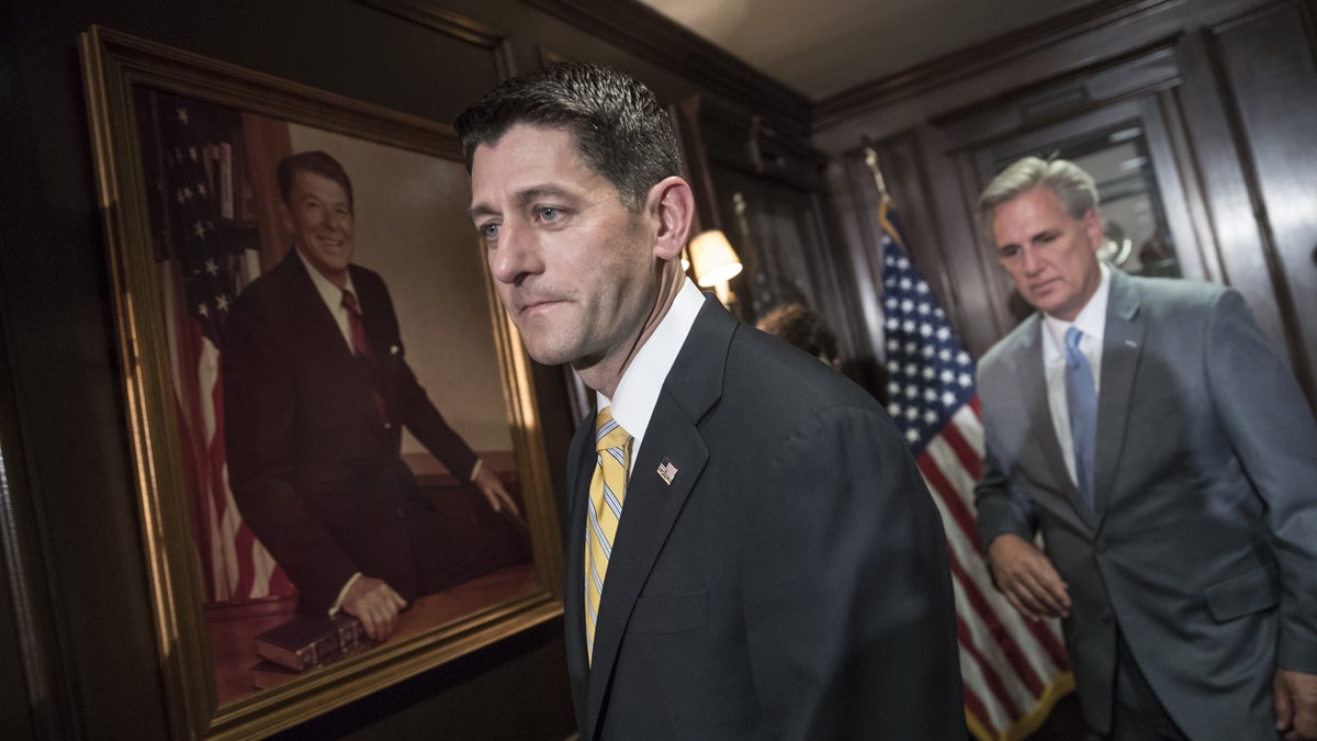  Speaker of the House Paul Ryan, R-Wis., followed by Majority Leader Kevin McCarthy, R-Calif., finishes a news conference at Republican National Committee Headquarters in Washington, Wednesday, May 17, 2017. Ryan said Congress 