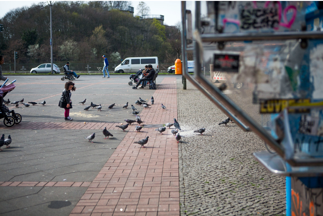 A girl feeds bread crumbs to pigeons in a park in Wedding, Berlin. (Jessica Kourkounis/For Keystone Crossroads)