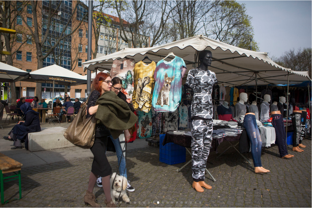 Inexpensive clothing is sold at Markt Leopoldplatz, an outside market, in Wedding. (Jessica Kourkounis/For Keystone Crossroads)