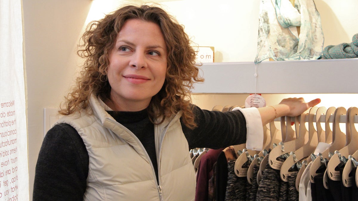  Sa Va founder Sarah Van Aken is closing her Sansom Street store in Rittenhouse Square. She designed and manufactured her fashions in Philadelphia. (Emma Lee/for NewsWorks) 