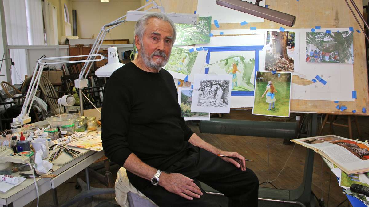Illustrator Charles Santore works on a watercolor illustration for a new edition of ''Alice's Adventures in Wonderland.'' (Emma Lee/WHYY)