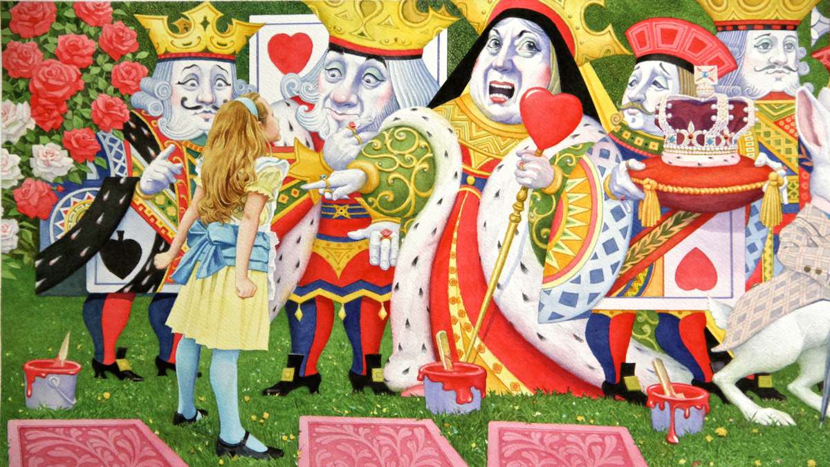 In a detail from a four-page foldout illustration, Alice stands up to the Queen of Hearts. (Illustration by Charles Santore)
