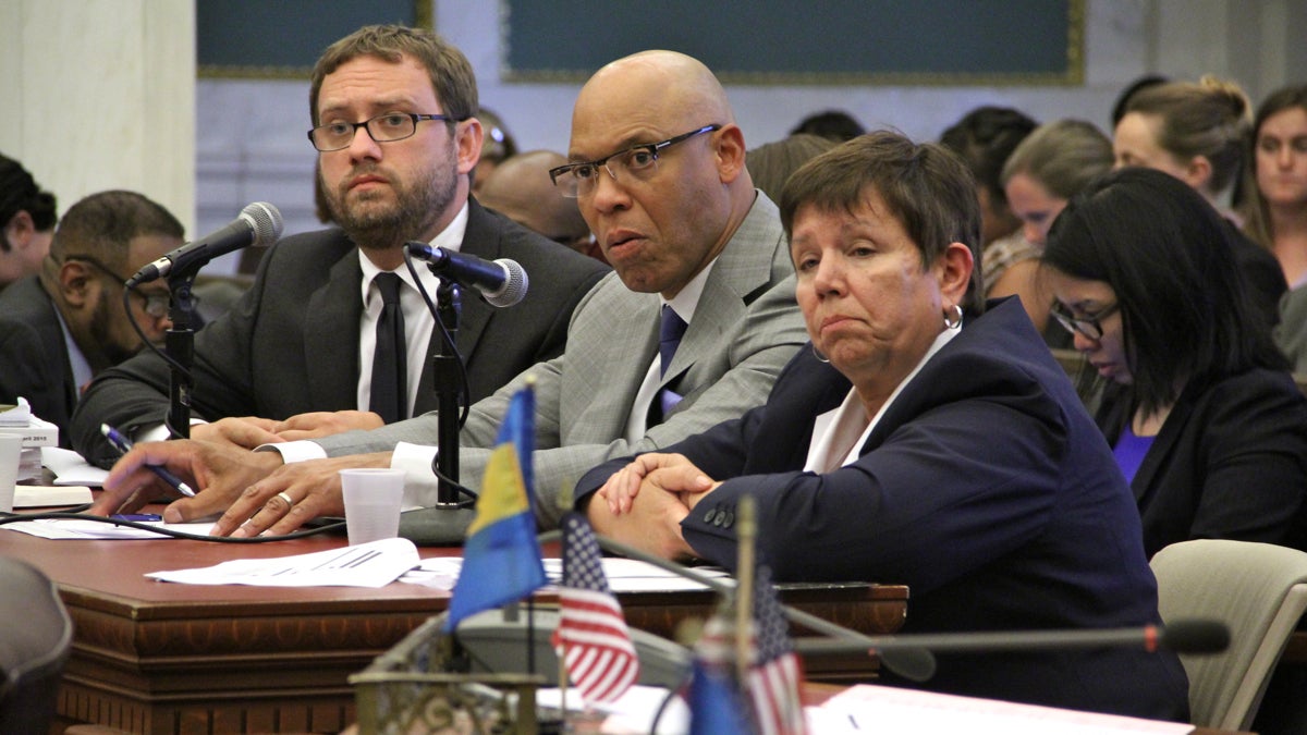  Philadelphia schools Superintendent William Hite (center), accompanied by district Chief Financial Officer Matthew Stanski and SRC Chairwoman Marjorie Neff, answer questions from City Council members during a budget hearing at City Hall. (Emma Lee/WHYY) 