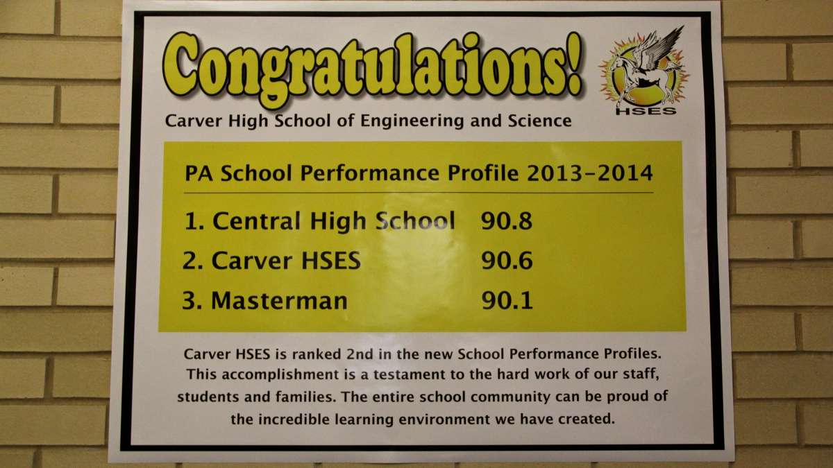 Carver High School edged past Masterman in the latest state rankings and nipped at the heels of top-performing Central. The median score for the Philadelphia School District was 56.8. (Emma Lee/WHYY)