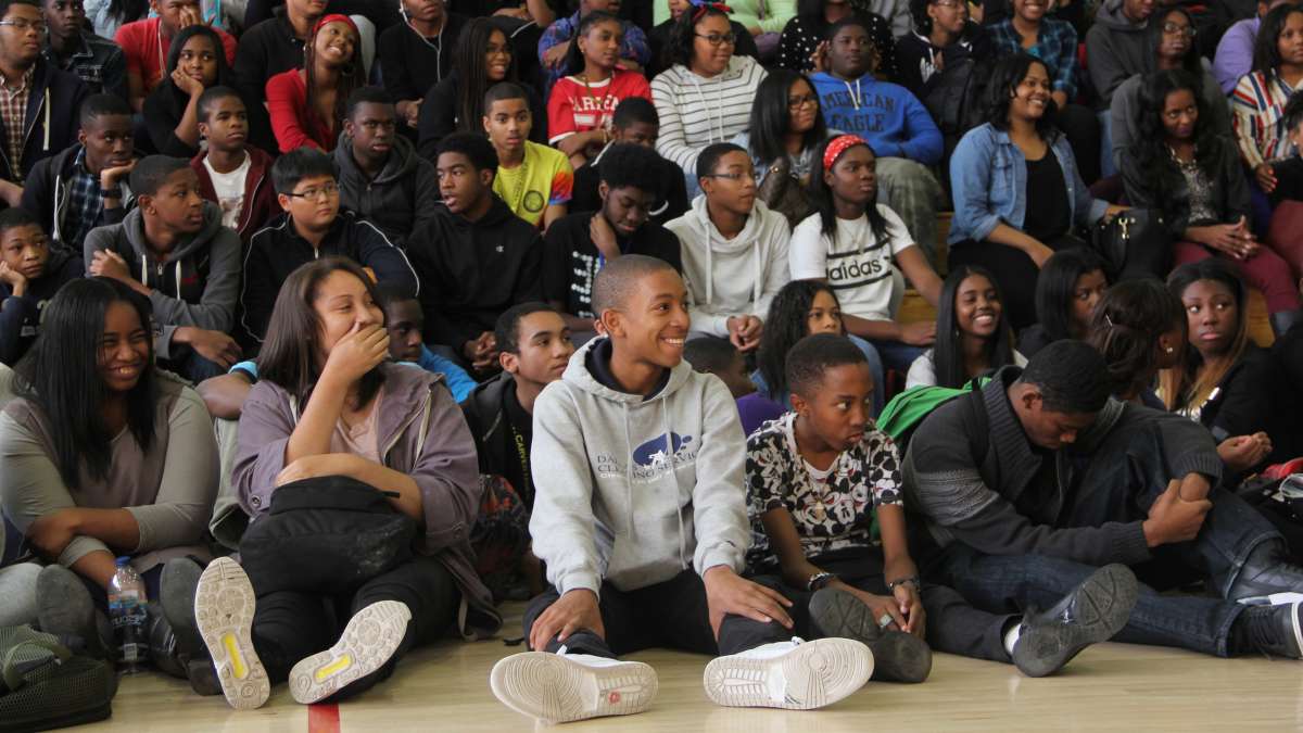 Carver High School students react to the news that they topped Masterman in academic performance in the latest state rankings. (Emma Lee/WHYY)