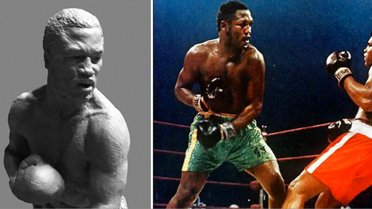  Sculptor and Overbrook native Lawrence Nolan's winning submission for the Joe Frazier statue was based on Smokin' Joe's pose when knocking Muhammad Ali down in their first fight. (Courtesy of Nolan) 