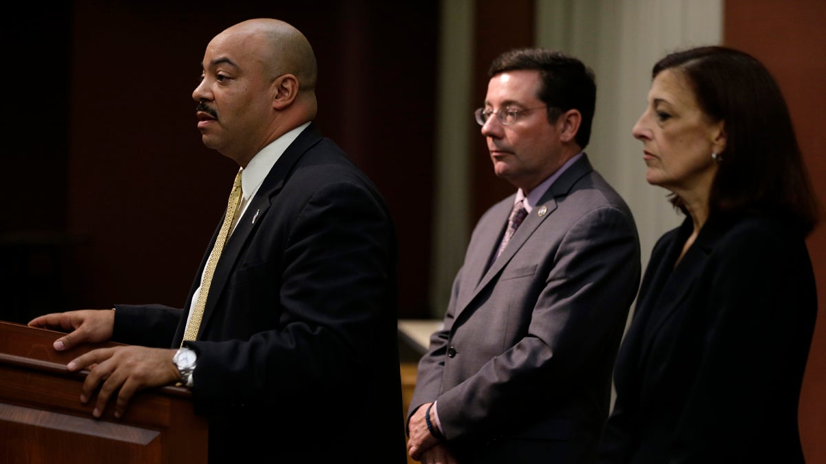  Philadelphia District Attorney Seth Williams, left, accompanied by 1st Assistant District Attorney Ed McCann, center, and Assistant District Attorney Joanne Pescatore, announces during a news conference on May 22 in Philadelphia that Herbert and Catherine Schaible, who believe in faith healing over medicine, have been charged with murder after a second child died of pneumonia.  (AP Photo/Matt Rourke, file) 