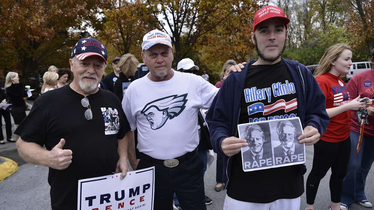 Trump supporters pose with Jonathan Lee Riches outside a rally with Melania Trump in Berwyn, Pennsylvania, on Thursday, Nov. 3, 2016. (Bastiaan Slabbers for NewsWorks)
