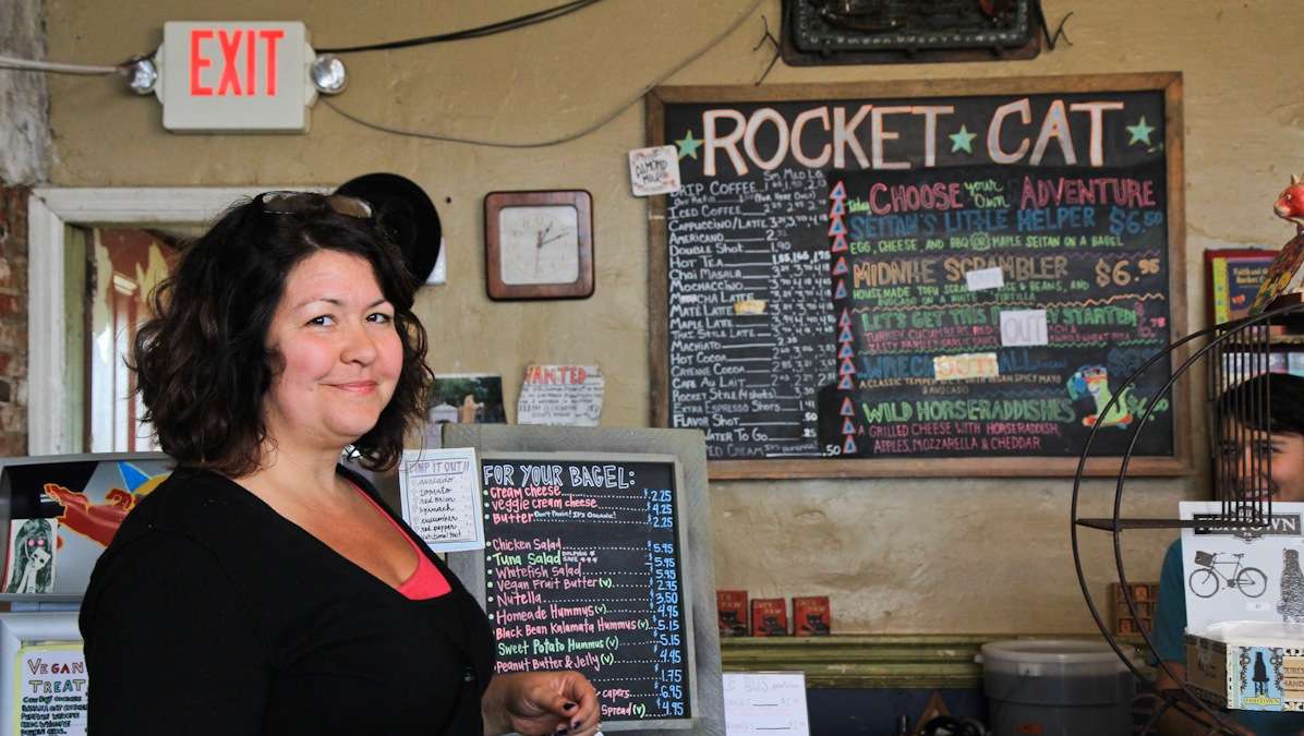 Karen Breese, owner of the Rocket Cat Cafe in Fishtown, opened the cafe nine years ago because she wanted to create a hang-out space that wasn't a bar and to offer the community good coffee. (Kimberly Paynter/WHYY)