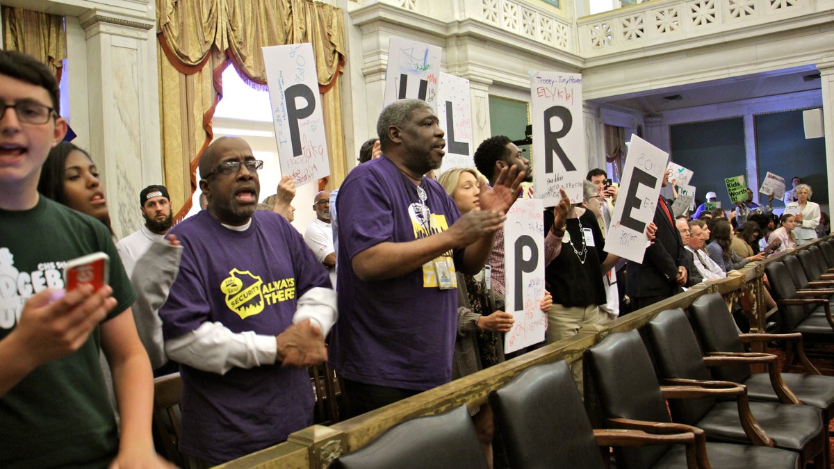 Supporters and foes of the drink tax in Philadelphia fill Council Chambers during a Wednesday hearing at City Hall. (Emma Lee/WHYY)