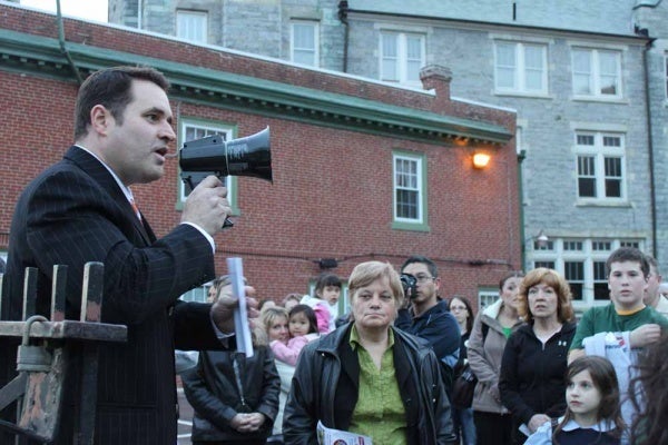 <p><p>31. Sean Stevens rallies the crowd protesting the closing of St. Bridget School in East Falls. (Matthew Grady/for NewsWorks)</p></p>
