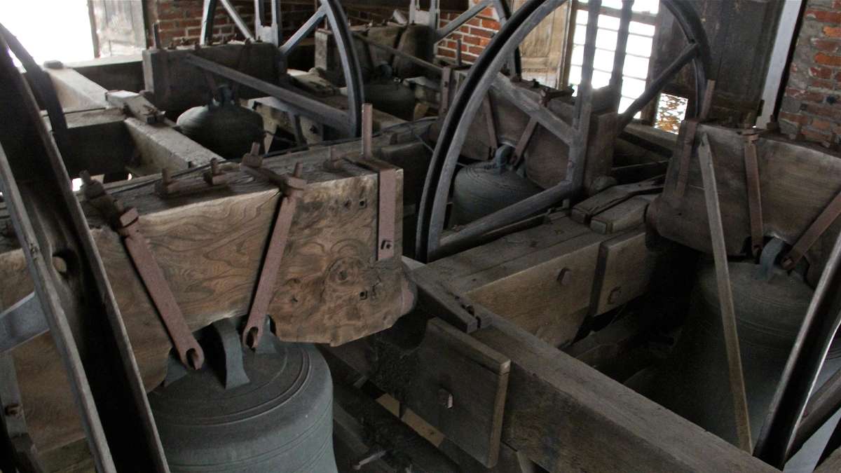 St. Peter's eight bells are fixed at the top of the tower and rung by ropes from below. (Emma Lee/for NewsWorks)