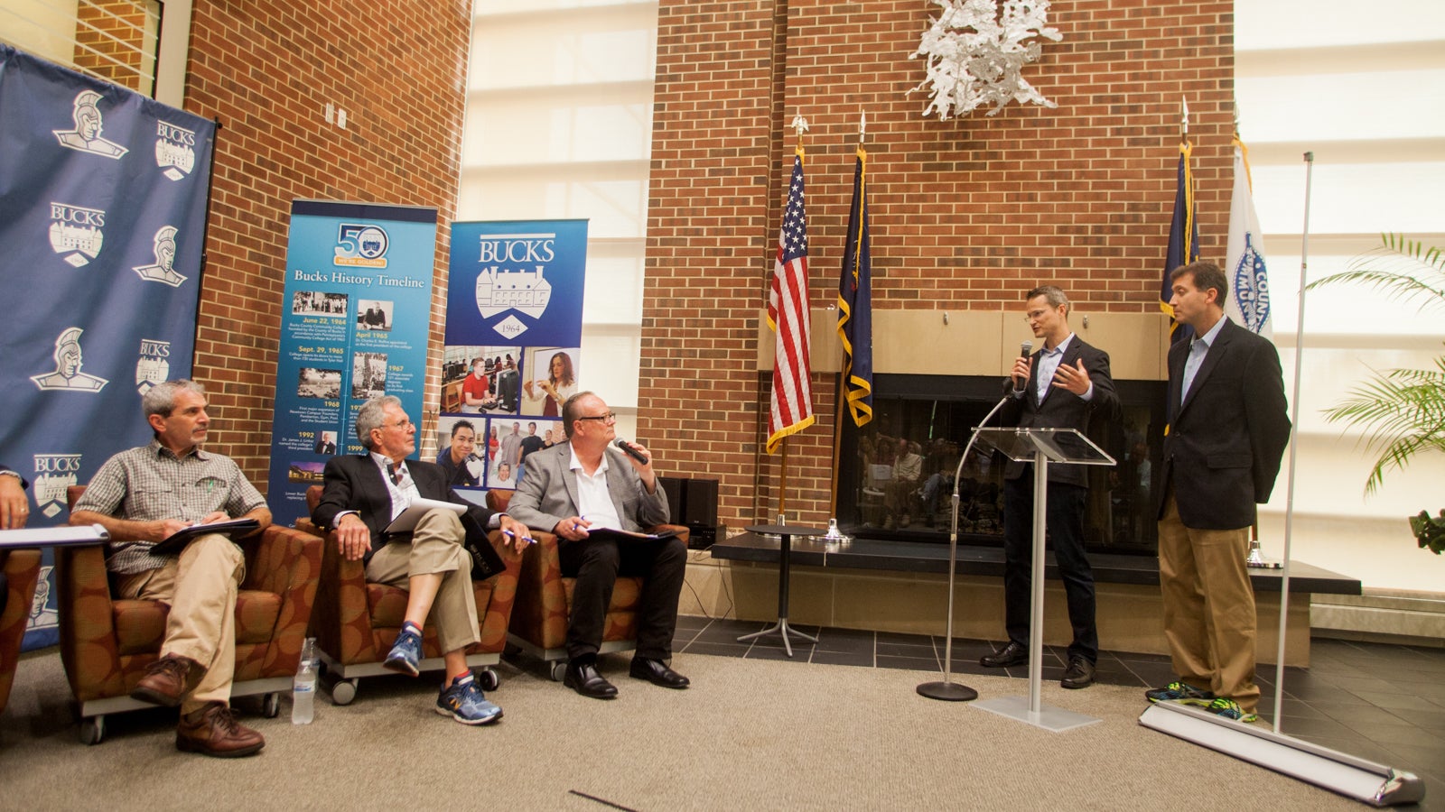  David Klieban and Andy Hatsat of the company AccuTennis Smart Court made their case for investment at the Start Me Up Challenge at Bucks County Community College. (Brad Larrison for NewsWorks) 