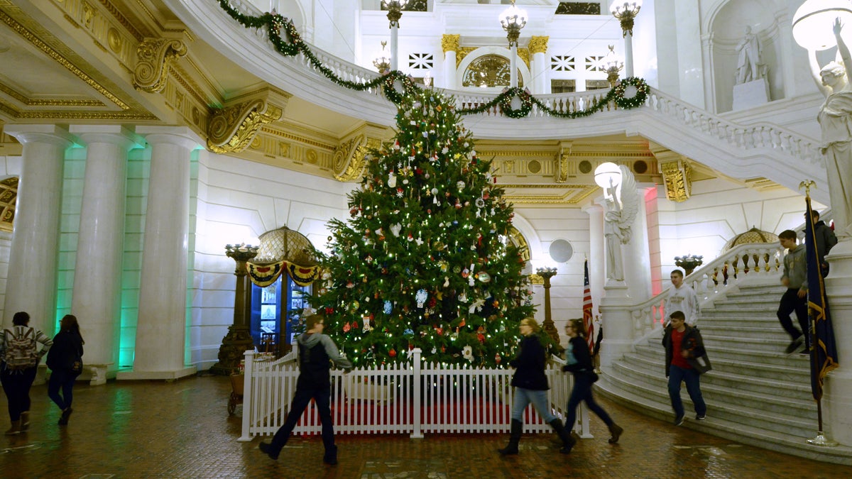  A school group walks by the 22-foot-tall Douglas Fir that stands in the Pennsylvania Capitol Rotunda as part of the annual Christmas decorations around the building. (AP Photo/Marc Levy) 