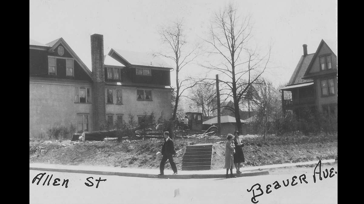 Debris of a building and tree shown on an empty lot at the intersection of Beaver Ave and Allen Street in downtown State College circa 1930. (Image courtesy of the Centre County Historical Society)