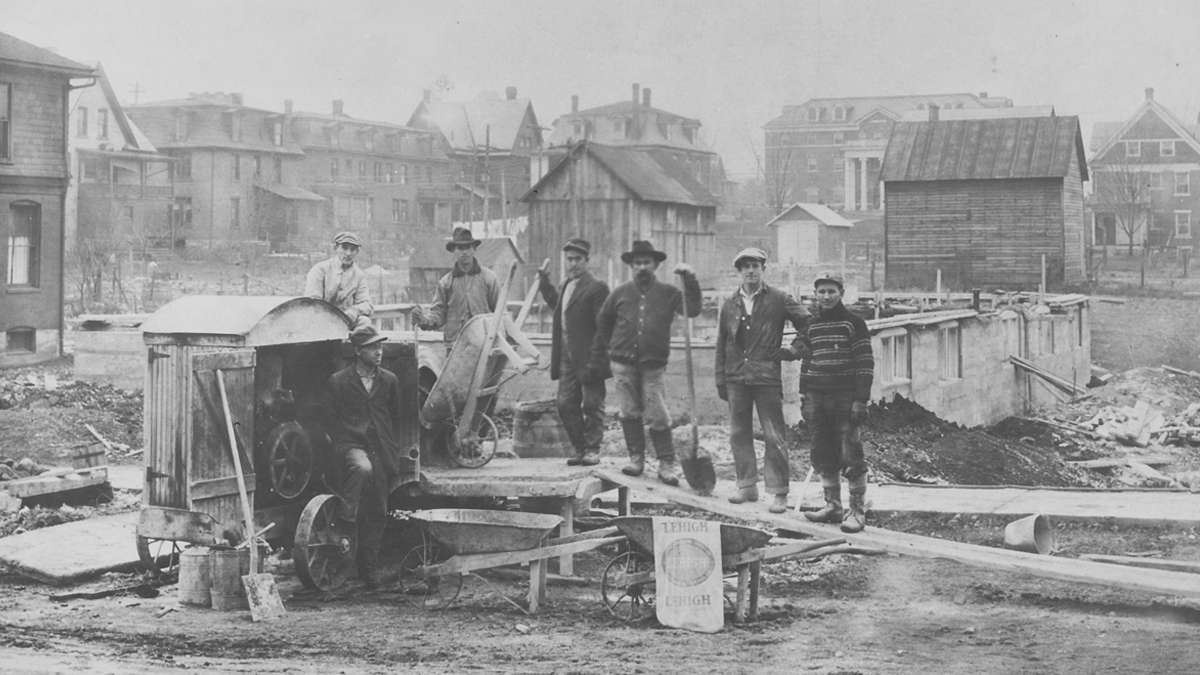 A group of workers build the former Bershire House on West Beaver Avenue in State College, Pa. circa 1916. (Image courtesy of the Centre County Historical Society)