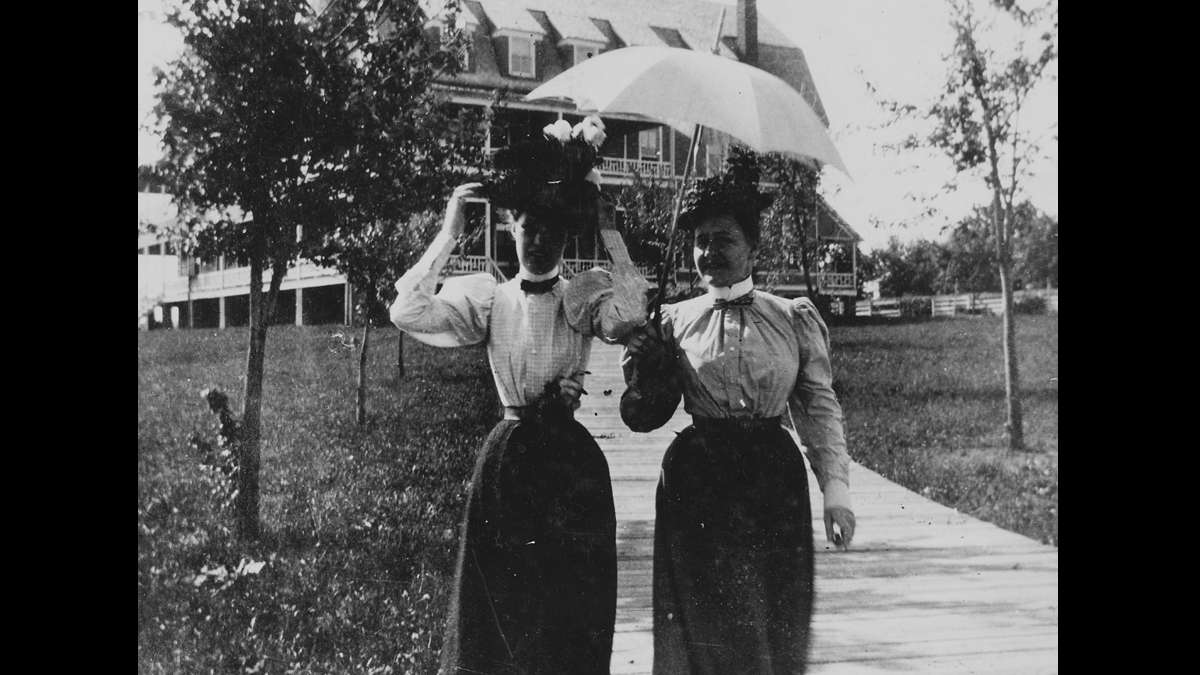 Miss Billy Cassin (left) and Clarea Tuttle walk near Penn State campus. (Image courtesy of the Centre County Historical Society)
