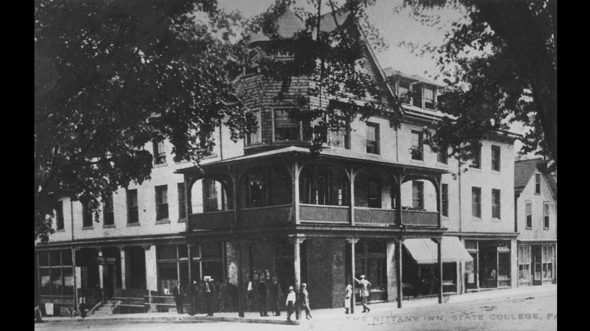 A group gathers outside of The Nittany Inn, later known as Hotel State College in downtown State College, on the corner of College Avenue and S. Allen Street, circa 1912. (Image courtesy of the Centre County Historical Society)