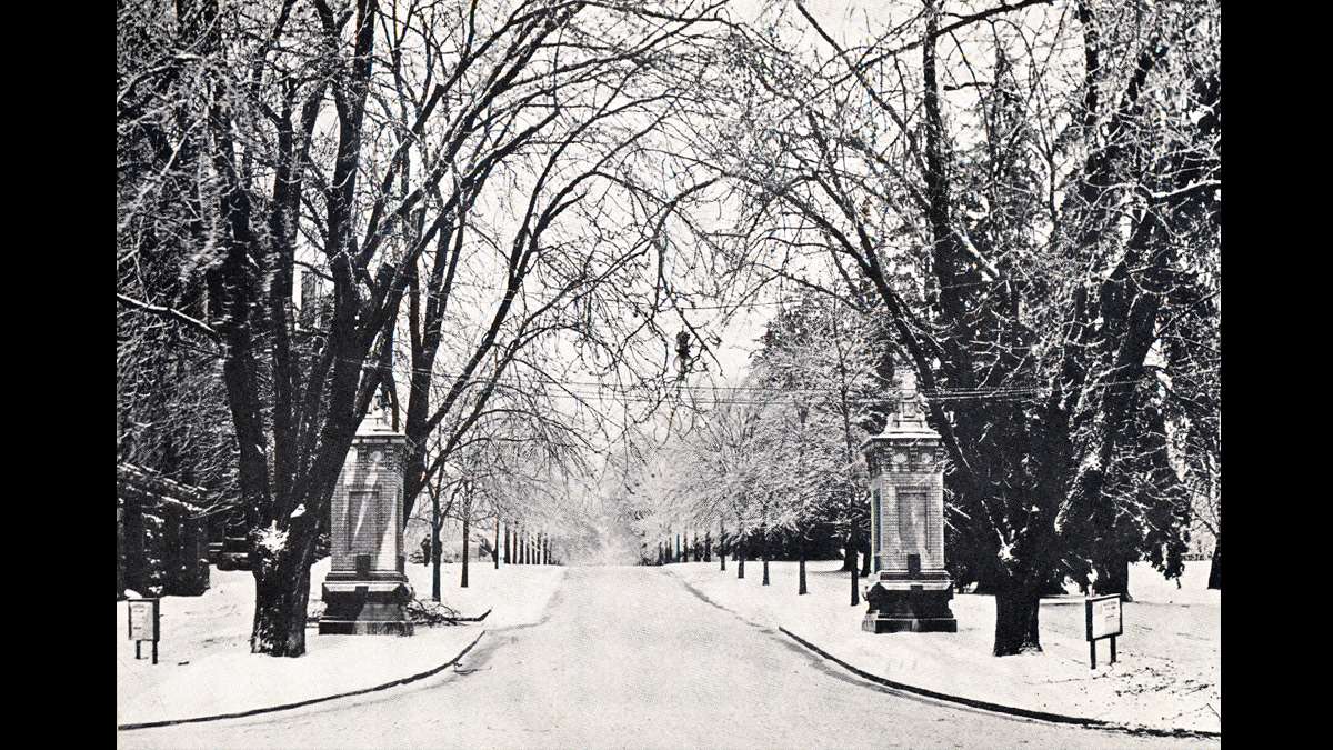 One of the entrances to Penn State campus in the winter of 1912. (Image courtesy of the Centre County Historical Society)