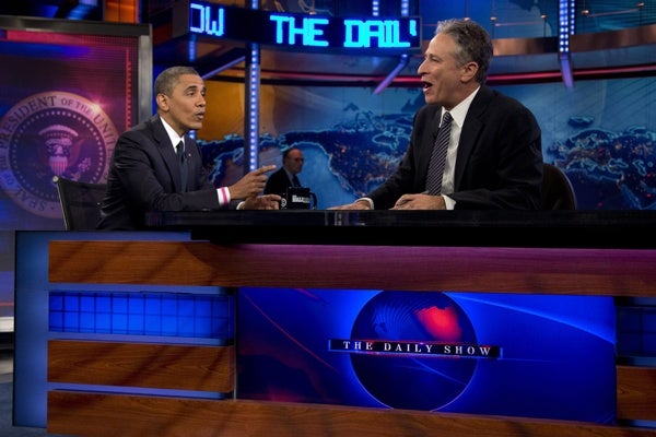 <p>President Barack Obama talks with Jon Stewart during a taping of his appearance on "The Daily Show with John Stewart", Thursday, Oct. 18, 2012, in New York. (AP Photo/Carolyn Kaster)</p>
