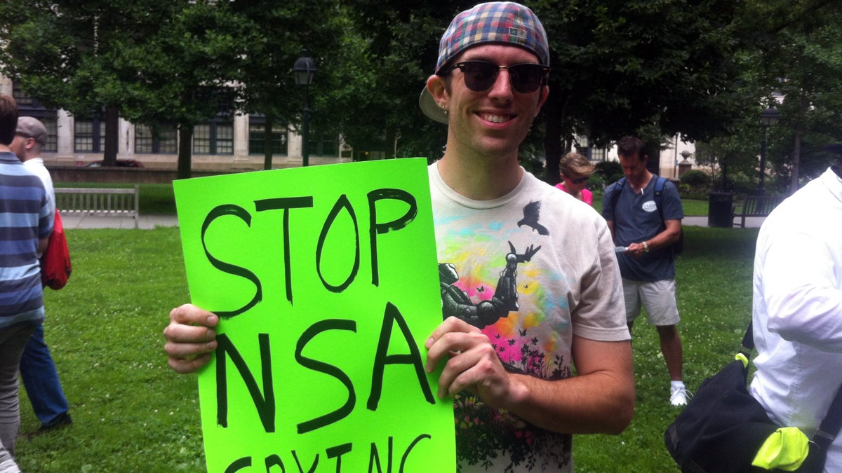  Michael McGrath from Trenton, N.J., participates in a protest against the NSA near  Independence Mall on Thursday. (Meg Frankowski/for NewsWorks) 