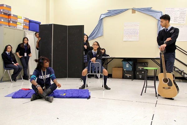 <p>Kathleen Gaynor's acting class at Mariana Bracetti Academy Charter has students performing each other's work, an exercise in empathy. (Emma Lee/for NewsWorks)</p>
