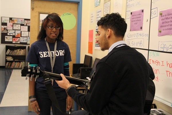 <p>Khiah Warren and Jose Echevarria prepare for their musical number. (Emma Lee/for NewsWorks)</p>
