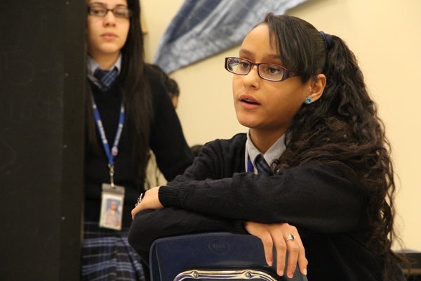 <p>Tatiana Espada delivers a monologue during her Scene Work and Improvisation class at Mariana Bracetti Academy Charter. (Emma Lee/for NewsWorks)</p>
