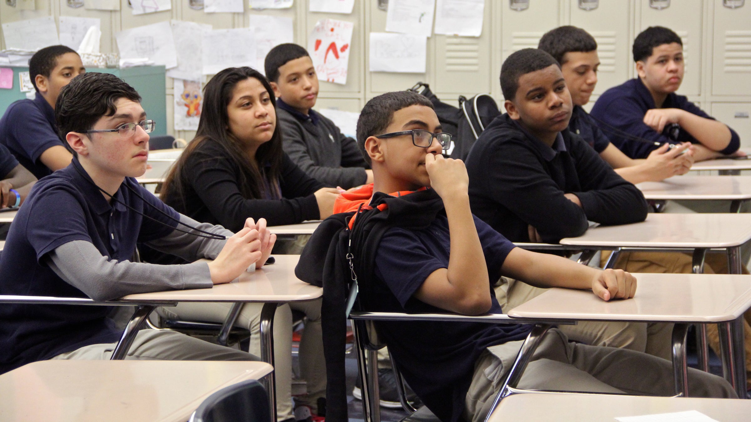  Students attend a sixth-grade class at Julia De Burgos school. The substitute teacher fill rate at De Burgos has improved, but it remains well below the district average. (Emma Lee/WHYY, file) 