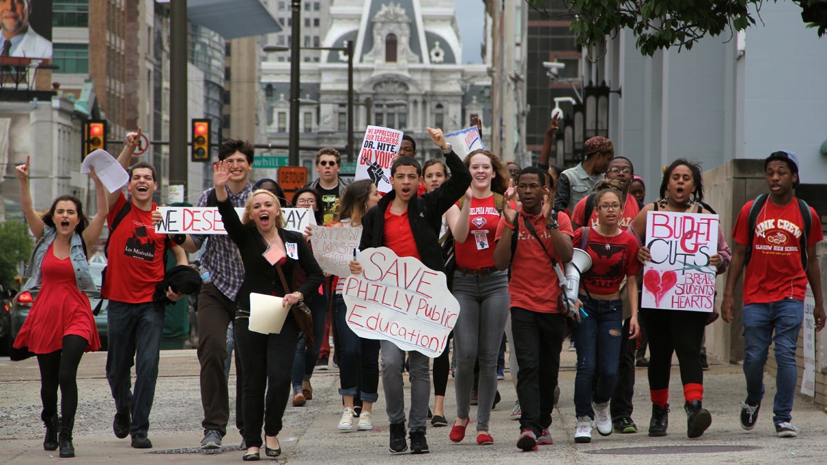 students-march_1200x675 Philadelphia public high school students march down Broad Street from City Hall to school district headquarters during a May 7 budget-cuts protest. (Emma Lee/for NewsWorks)