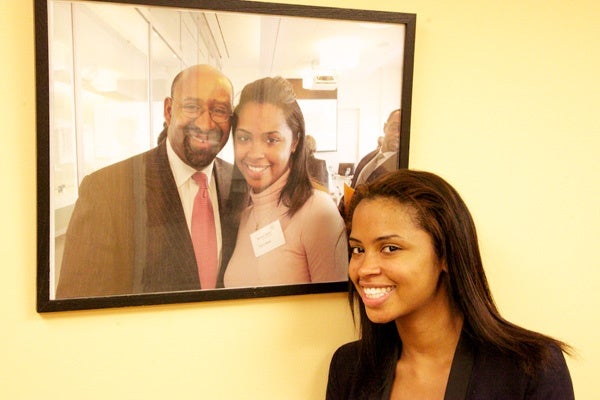 <p><p>Summer Search student Tiara Willis, 21, is attending Community College of Philadelphia. She is shown standing in front of her photo with Philadelphia Mayor Michael Nutter. (Nathaniel Hamilton/for NewsWorks)</p></p>
