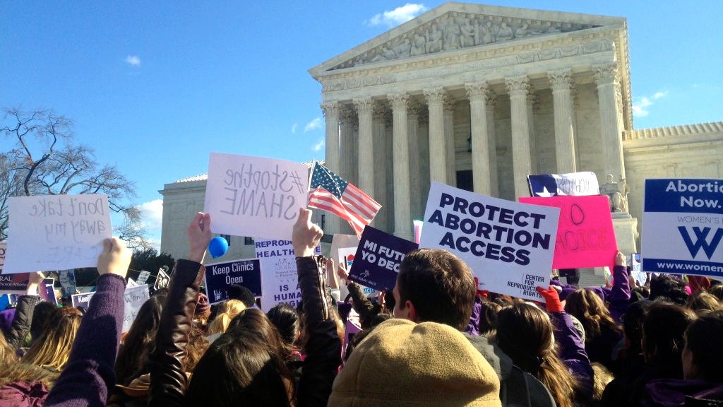 Demonstrators gather while the U.S. Supreme Court hears arguments in a Texas abortion case which could have a ripple effect in Pennsylvania. (Photo via Women's Law Project)