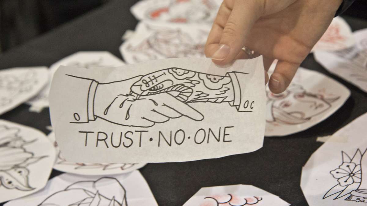 This 'Trust No One' sketch found its way to Justin Cappeletti's leg with the help of tattoo artist Chris Santiago.