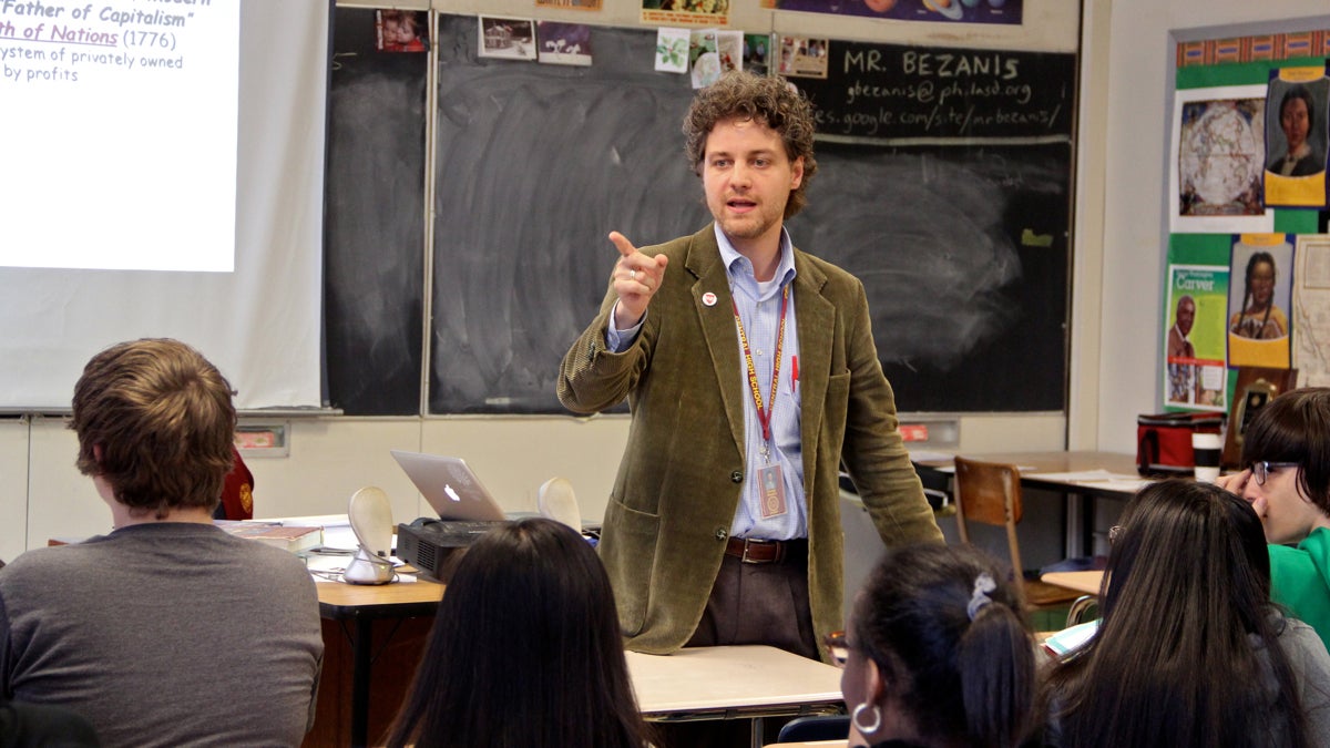  George Bezanis teaches world history at Central High School. (Emma Lee/WHYY) 