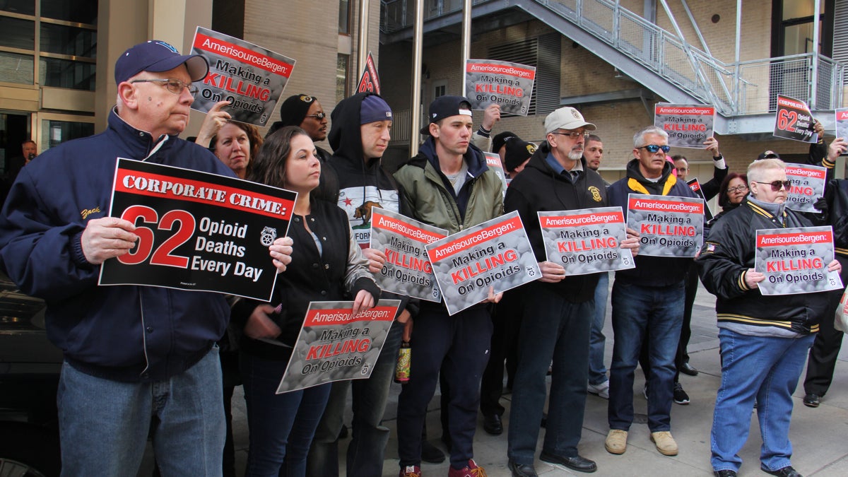  Teamsters concerned about opioid addiction rally outside the Sofitel Hotel in Center City where pharmaceutical company AmerisourceBergen was having its annual shareholders meeting. (Emma Lee/WHYY) 